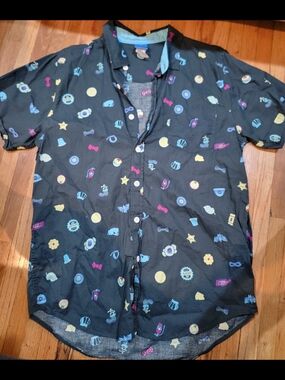 Men's Pixar Short-Sleeve Button-Up Shirt in Black with Multicolor Icons DISNEY
